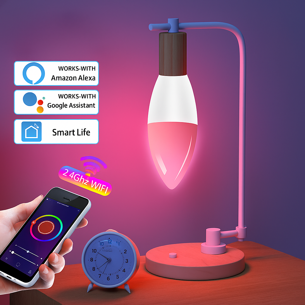 Smart E14 WiFi LED Bulb – RGB + White, Dimmable, Alexa/Google Home Compatible