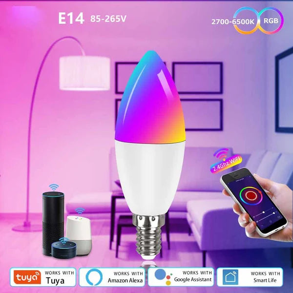 Smart E14 WiFi LED Bulb – RGB + White, Dimmable, Alexa/Google Home Compatible