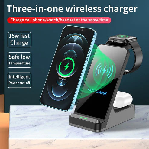 H15 Three-in-One Wireless Charging Stand – Compact, Powerful, Convenient
